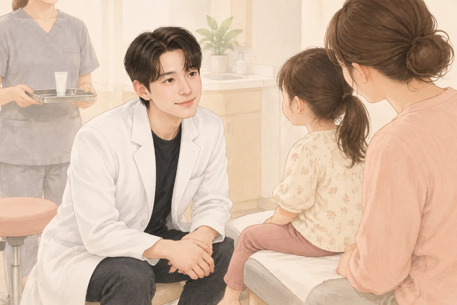 A doctor makes eye contact with a child in a clinic while a guardian sits nearby