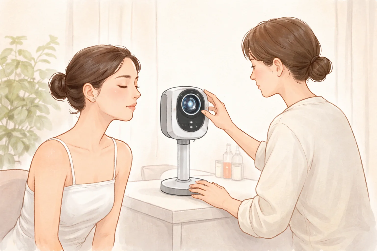 皮膚分析カメラの前に座る女性と機器を操作する医療スタッフ
