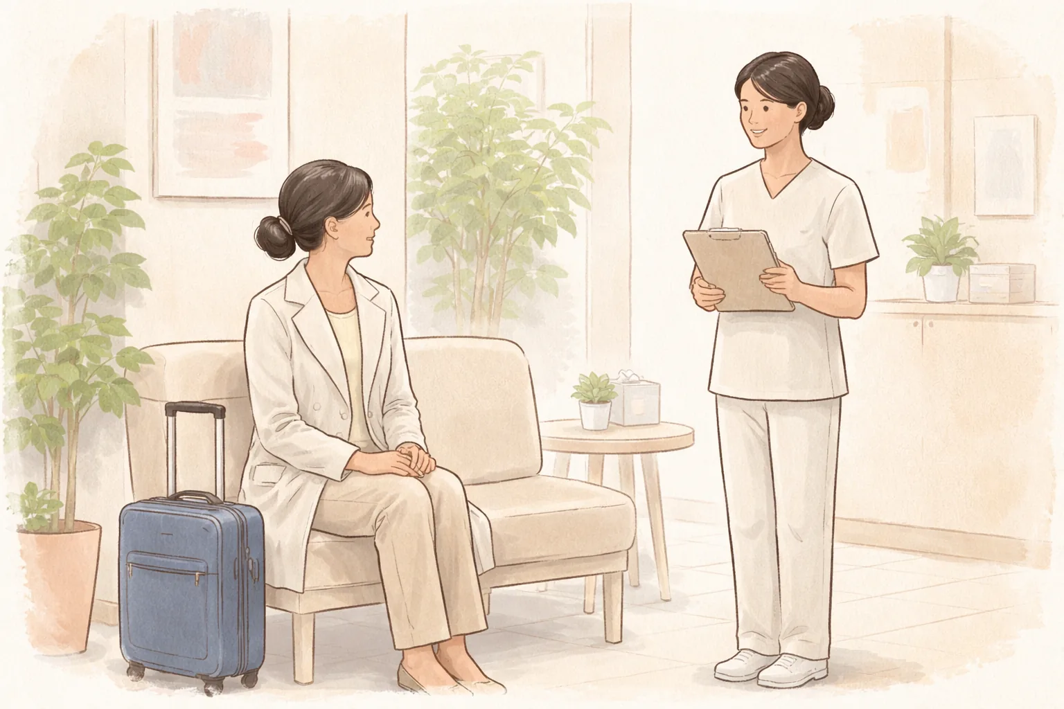 Woman sitting beside a suitcase while a clinician stands taking notes