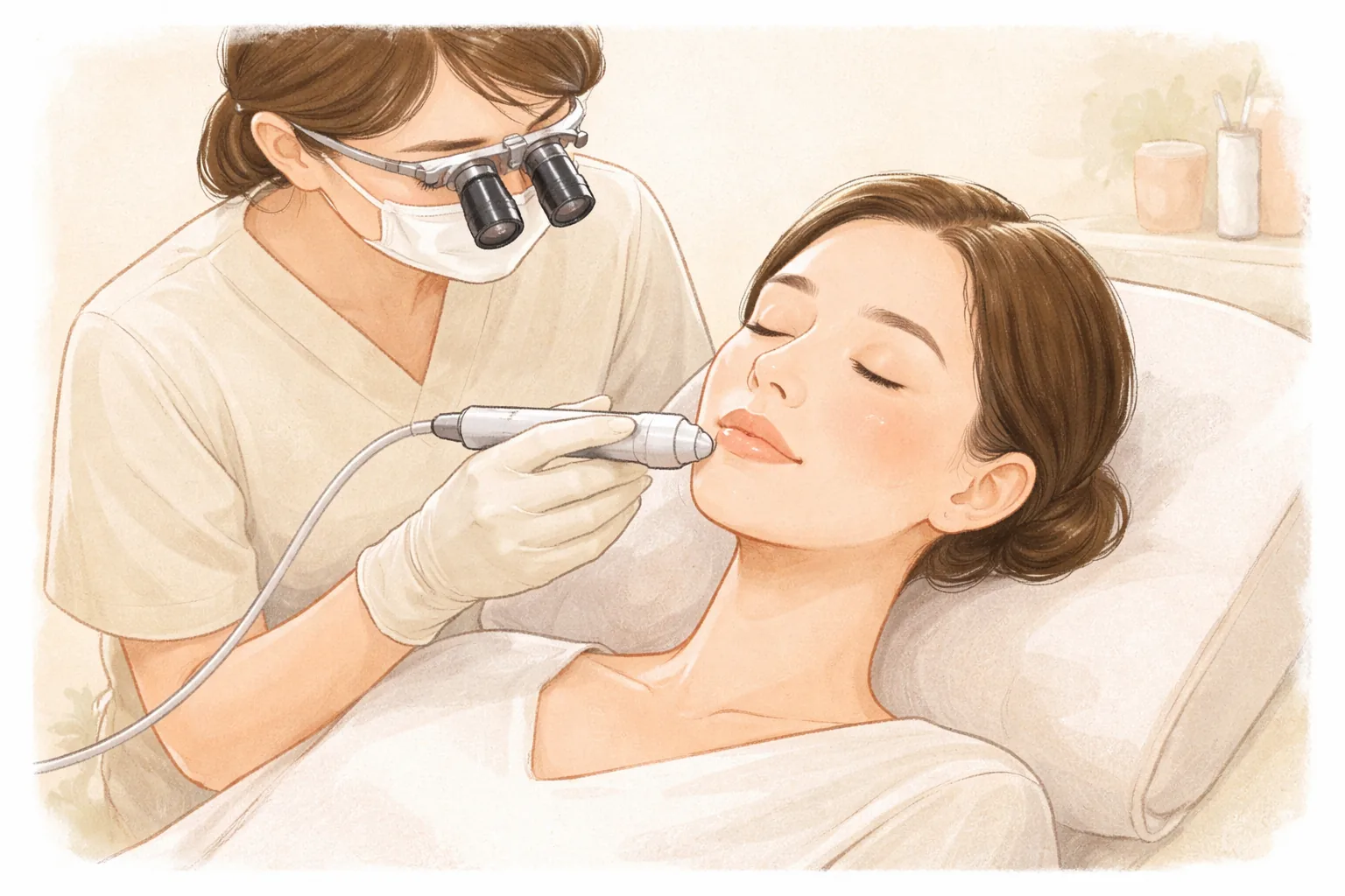 Gloved clinician holding a treatment device near a patient's lip under magnification
