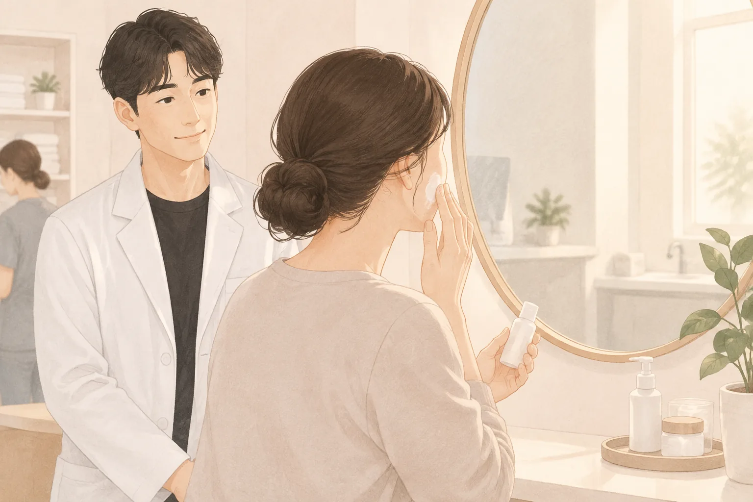 鏡の前で紫外線遮断剤を塗る女性とそれを見守る男性