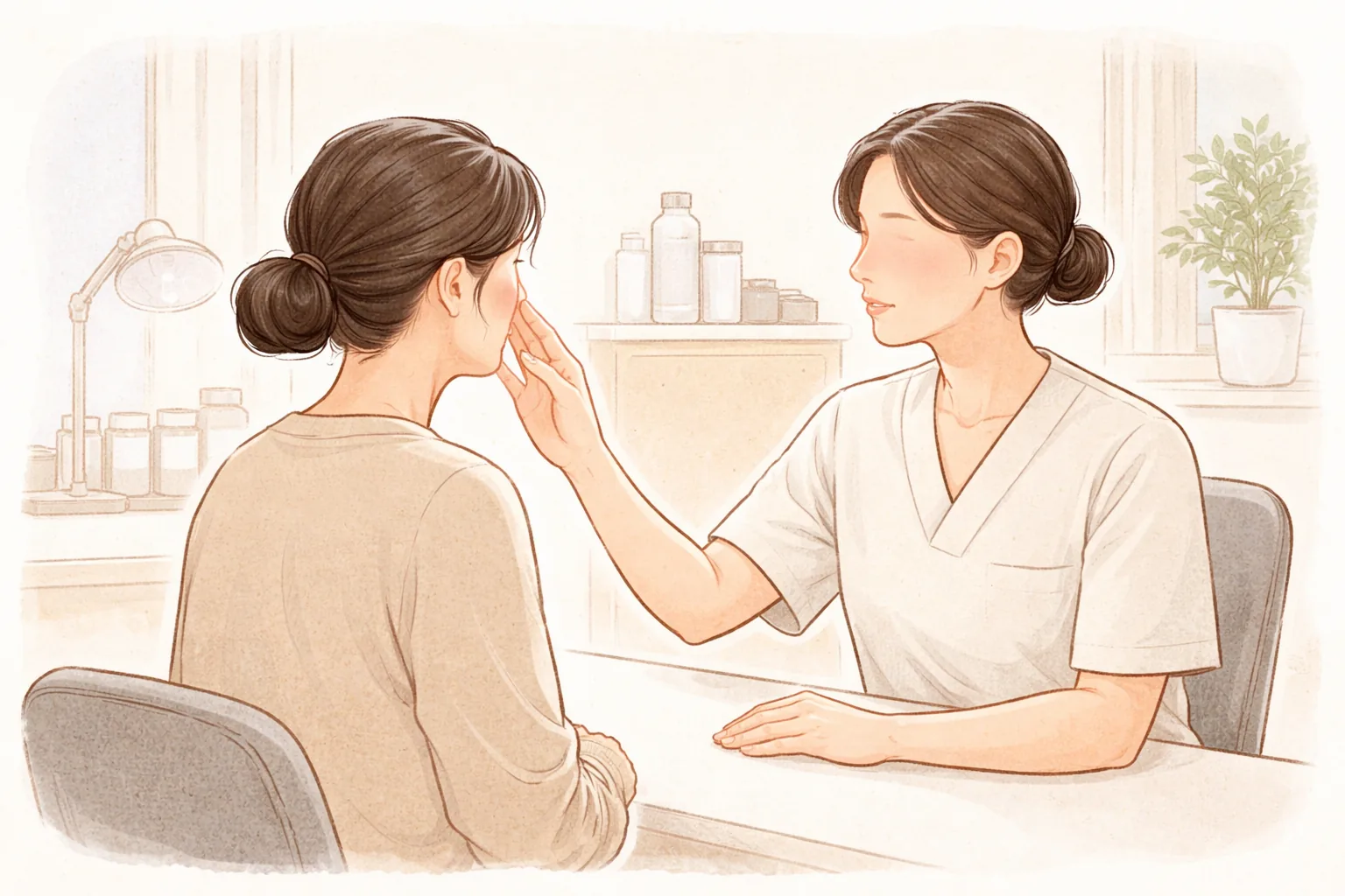 상담실에서 여성의 얼굴을 가리키며 이야기하는 의료진과 여성