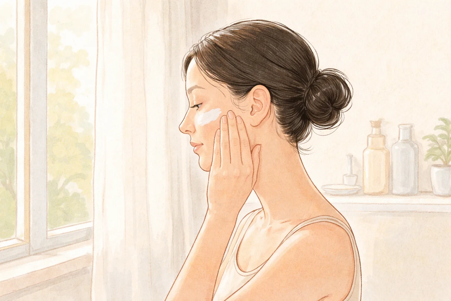 Woman applying sunscreen to her cheek by a window