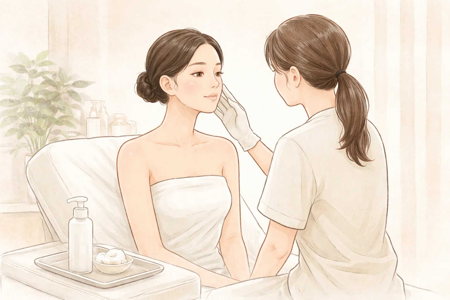 환자의 얼굴을 점검하는 장갑 낀 의료진과 흰 수건을 두른 여성