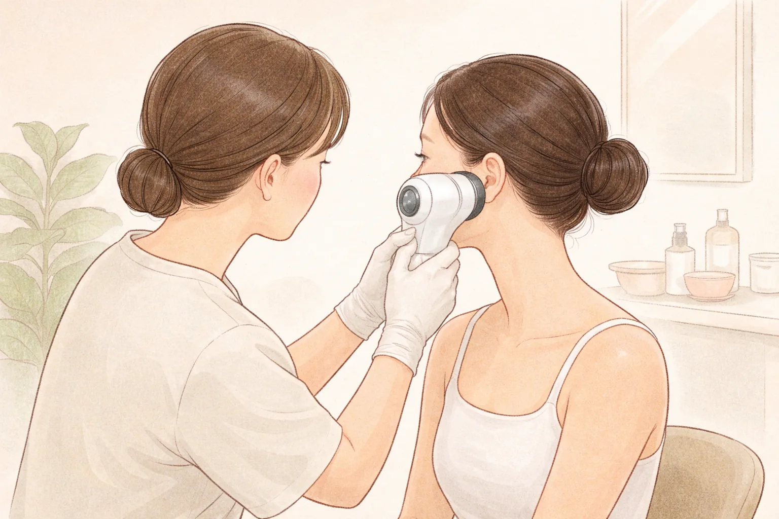 Clinician holding a skin analysis camera close to a woman's cheek