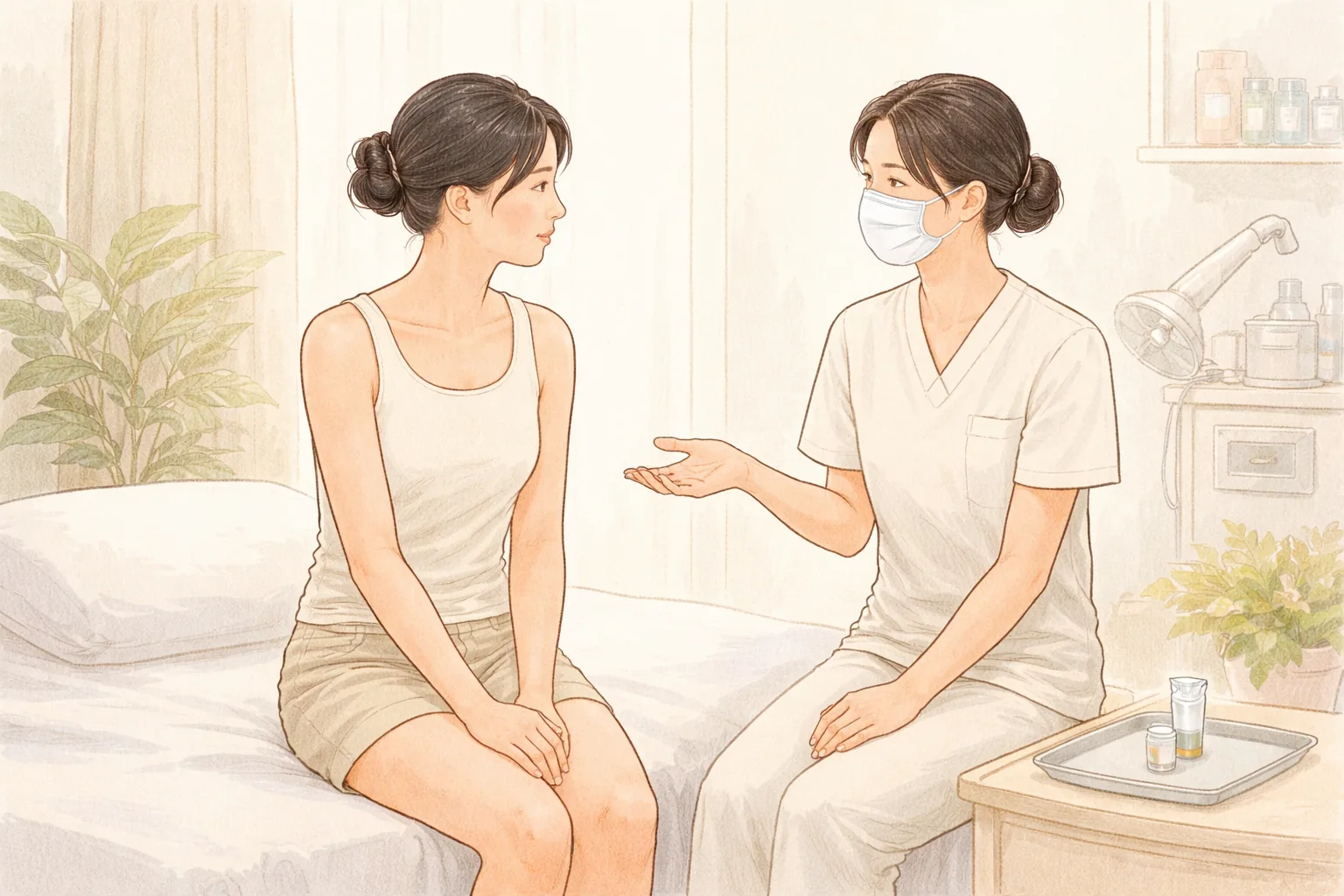 施術室で向かい合って話す医療スタッフと30代の女性