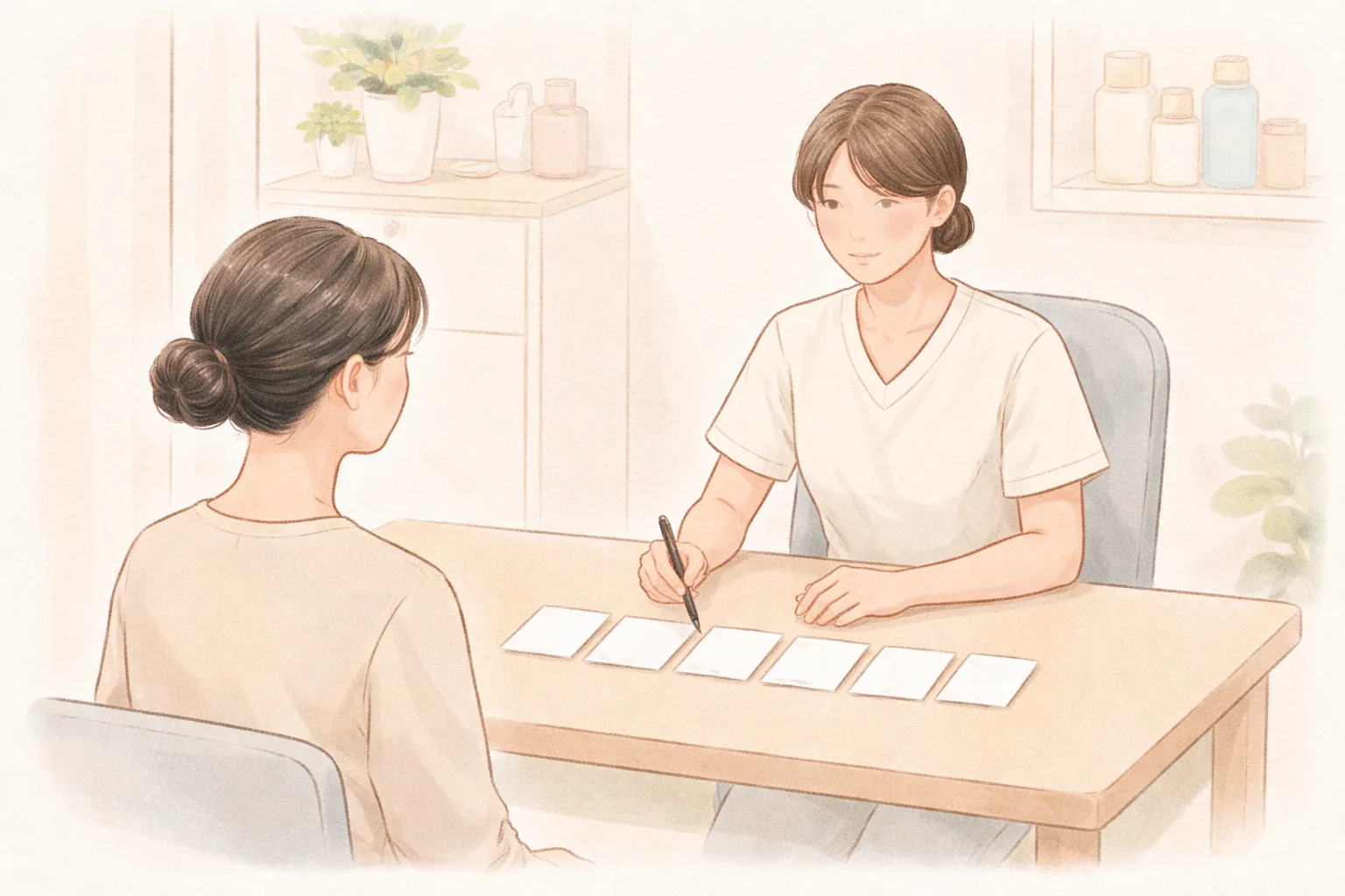 女性と医療スタッフがテーブルに置かれた複数の予約カードを見ながら相談する様子