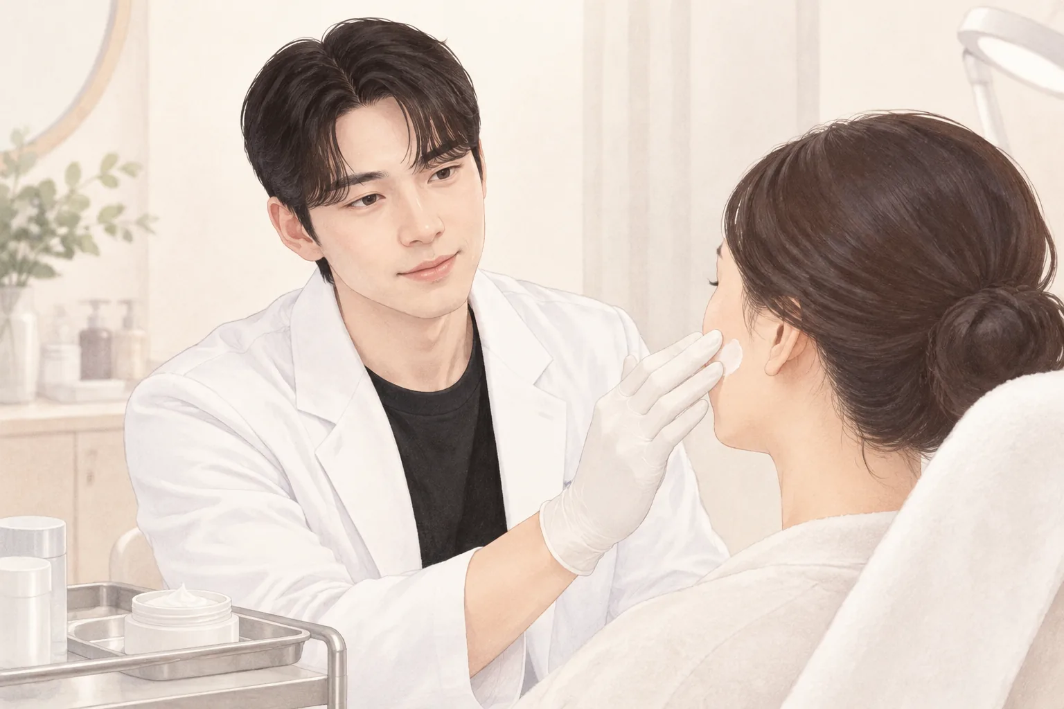 戴手套的男医生为坐着的女性患者脸颊涂抹保湿剂