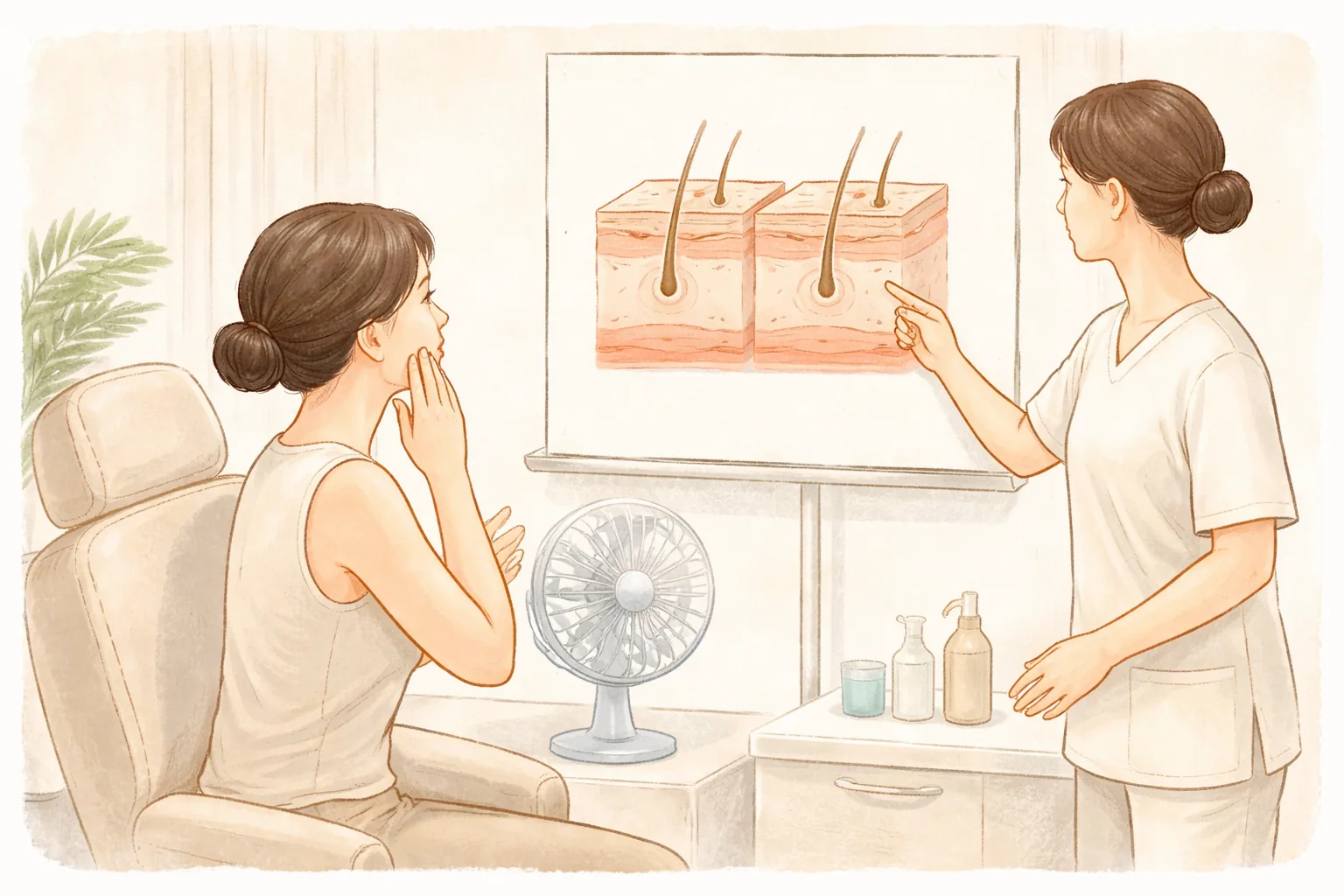 상담 의자에 앉아 볼을 만지며 의료진과 이야기하는 여성과 피부 단면도 화면