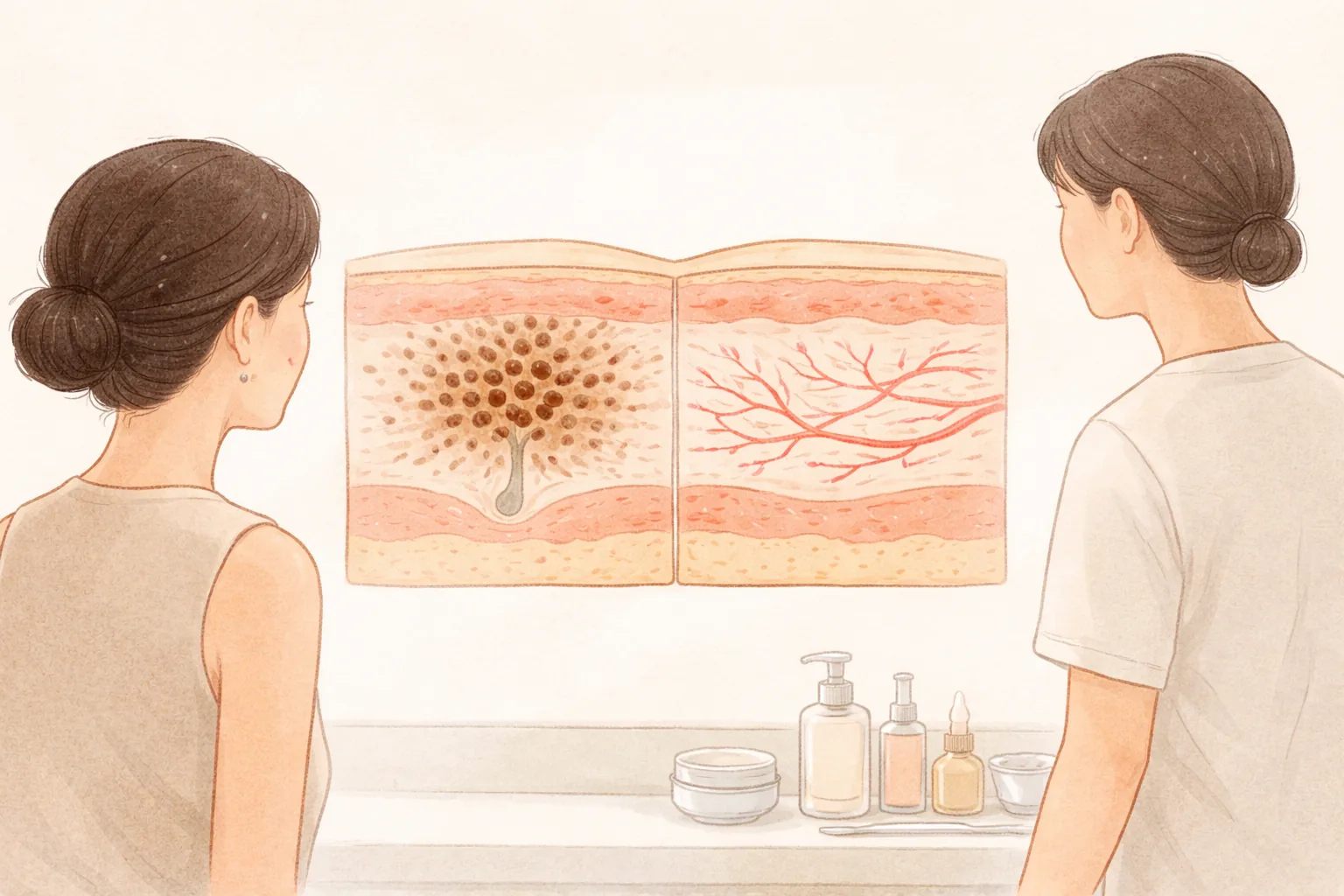 男女が皮膚の断面図を一緒に見ている