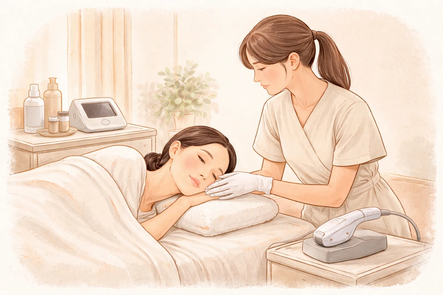 女性躺在诊疗床上，戴手套的医护人员用手触摸她的脸颊