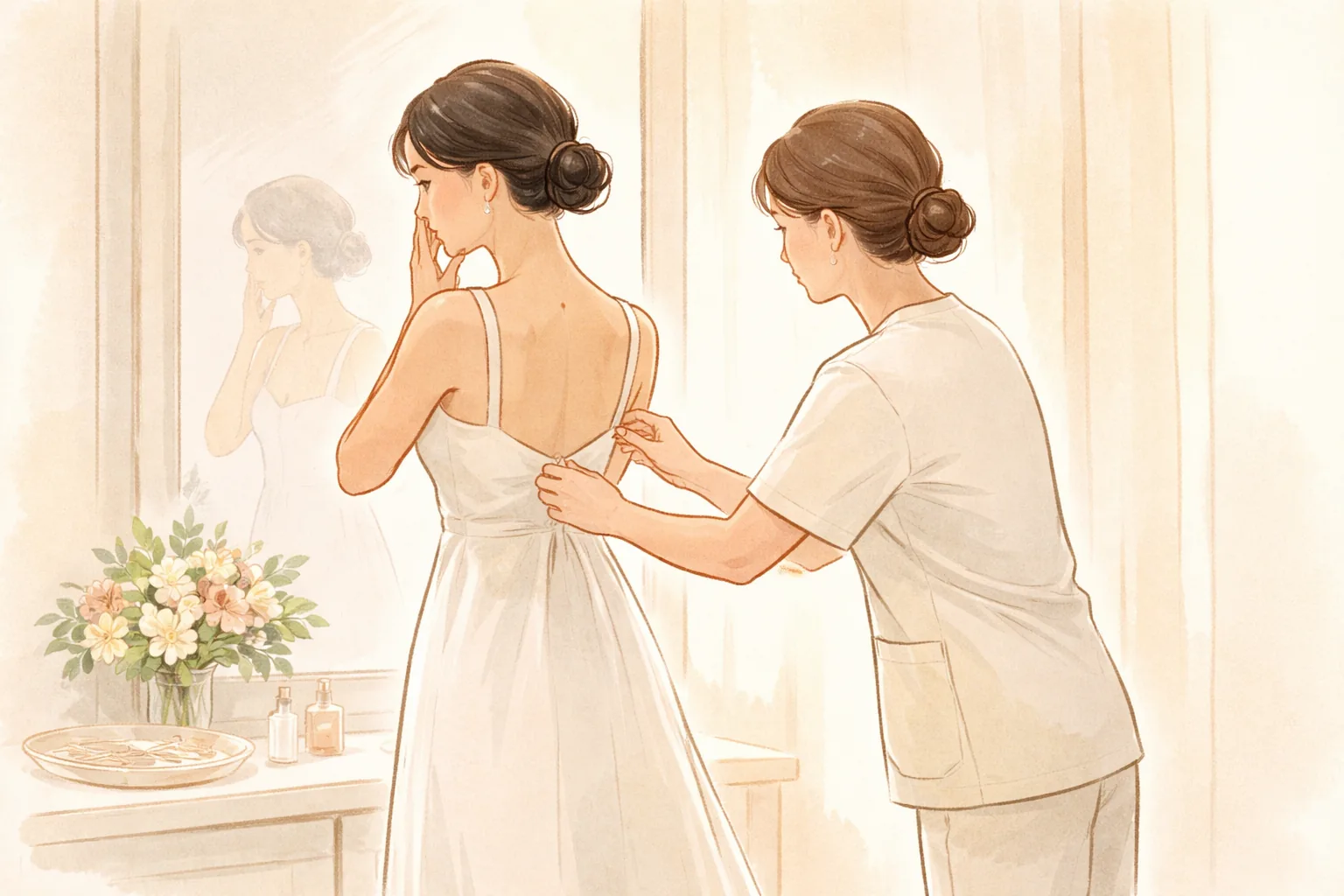 フィッティングルームで白いドレスを着た女性が頬に触れ、別の女性がドレスのファスナーを上げている様子
