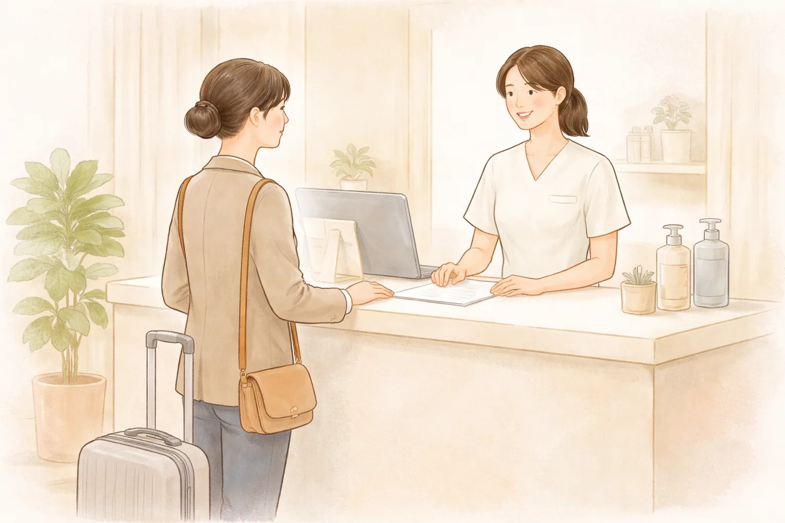 女子在行李箱旁與醫療人員及護理師諮詢