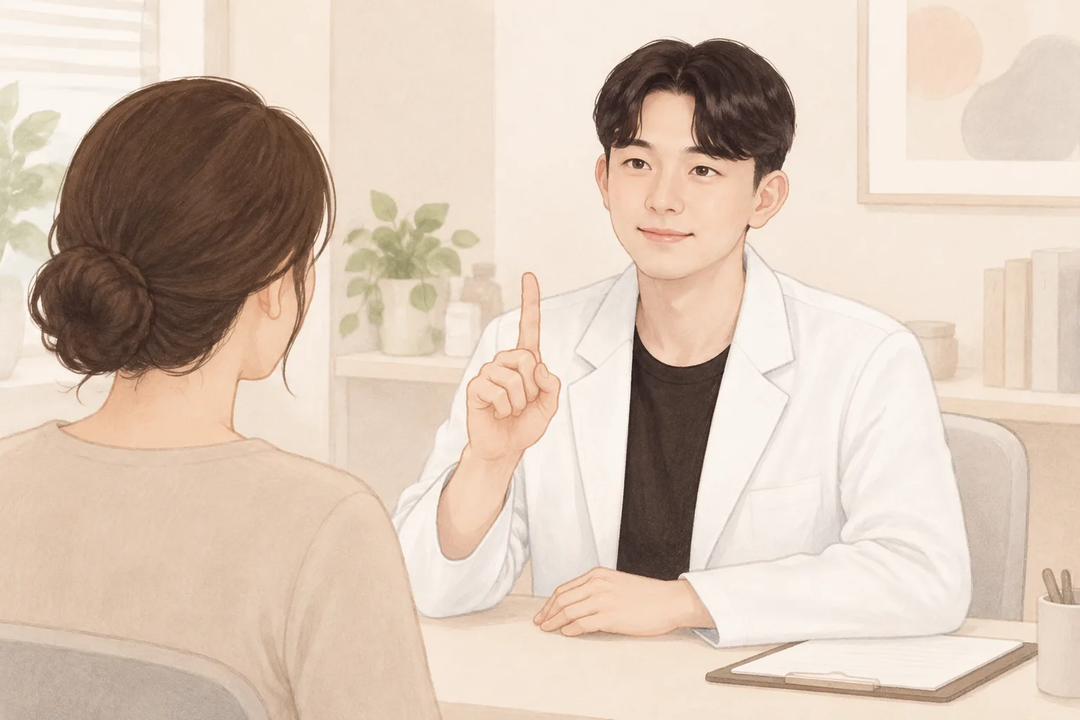 한 남자가 한 손가락을 들고 여자를 상담하는 모습
