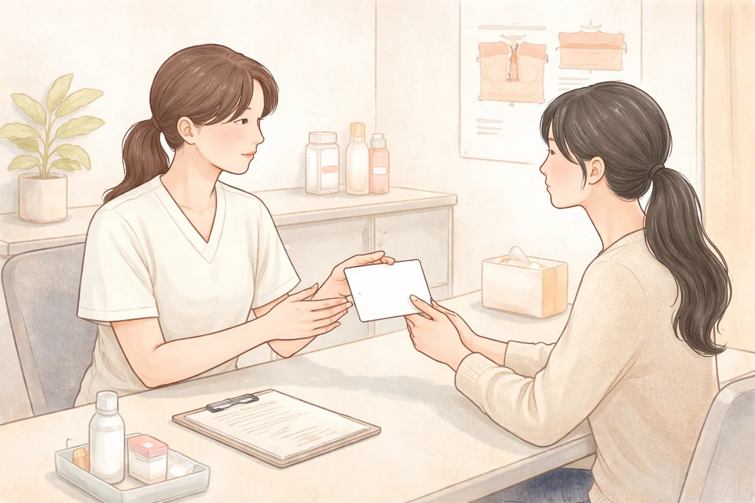 상담실에서 의료진이 여성에게 빈 카드를 건네며 설명하는 모습