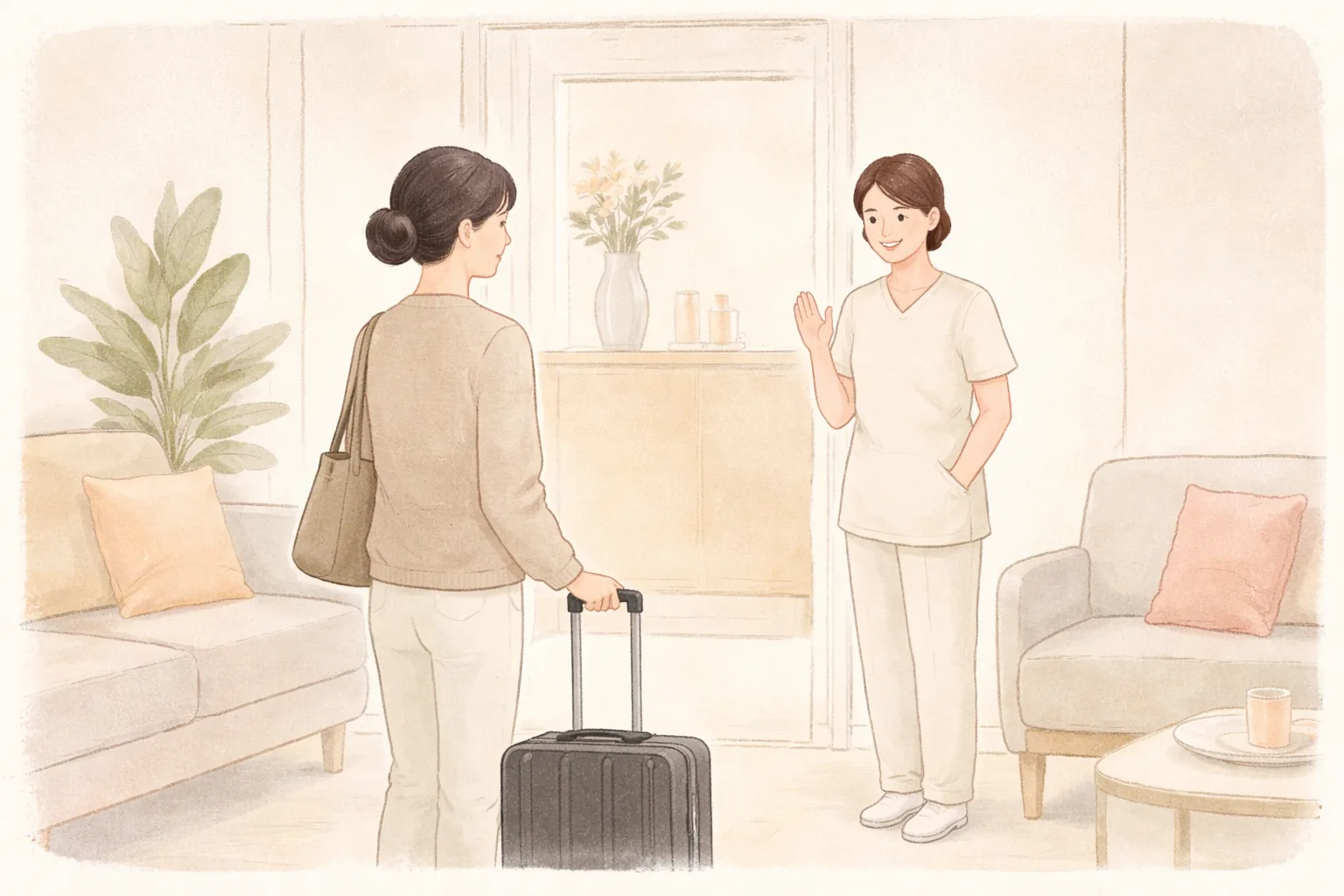 室内女性拉着行李箱，医护人员挥手道别