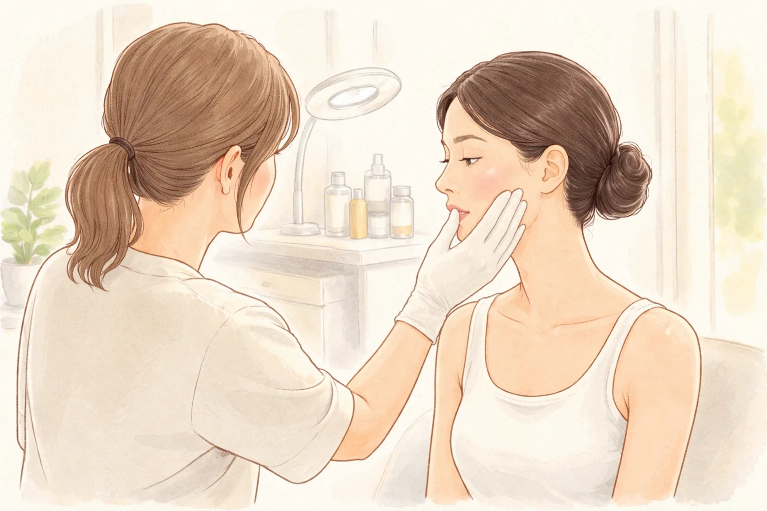 诊室里戴手套的医护人员查看坐着的女性脸颊