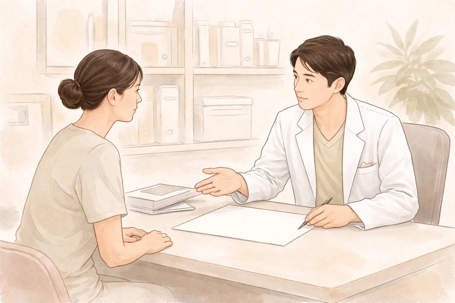 机の前に座って会話する男性と女性