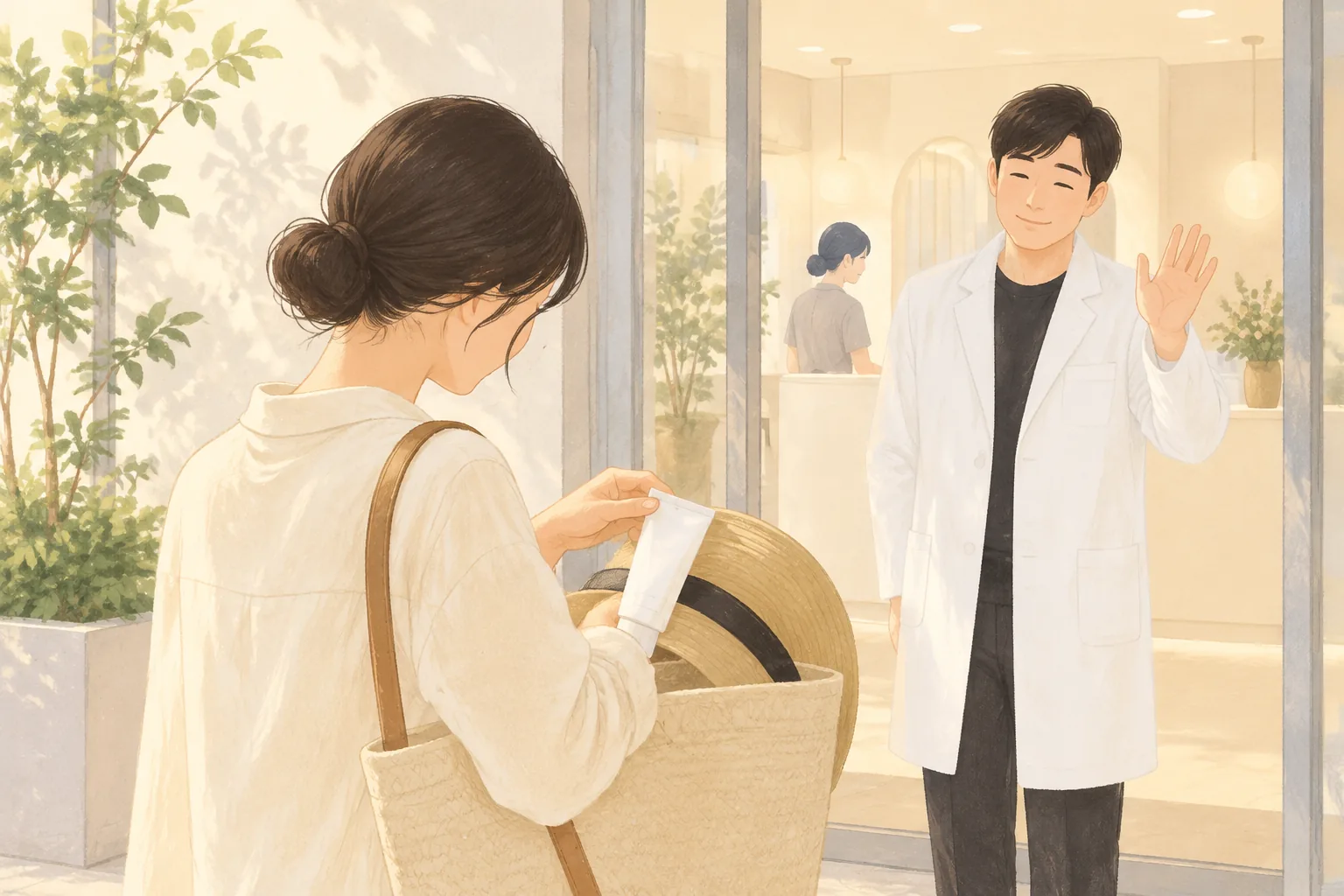 넓은 챙 모자와 가방을 든 여성이 자외선 차단제를 가방에 넣고 있고 남성이 손을 흔들며 인사하는 모습