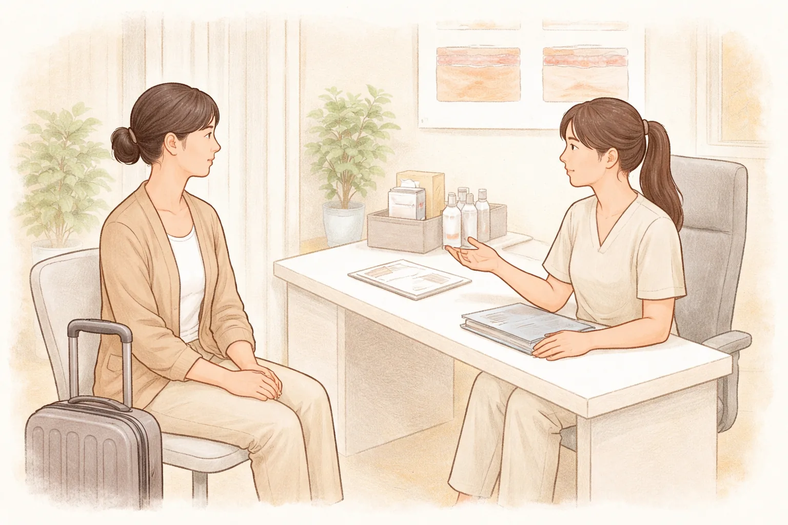 여행 가방 옆에 놓고 앉아 대화하는 환자와 의료진 두 사람