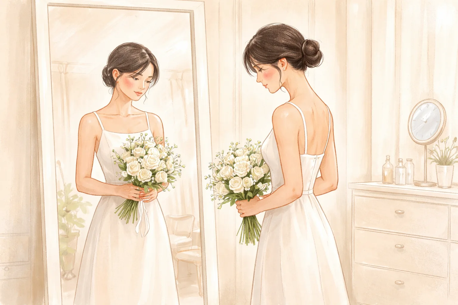 흰 드레스를 입은 여성이 흰 꽃다발을 들고 거울을 바라보고 있다