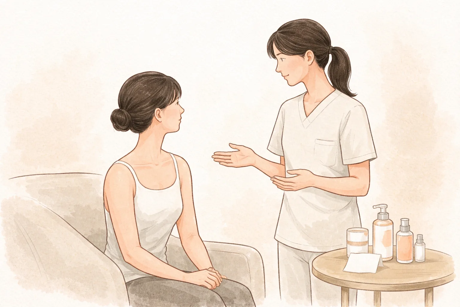 坐著的女性與用手勢說明的醫療人員,旁邊桌上有保養品容器