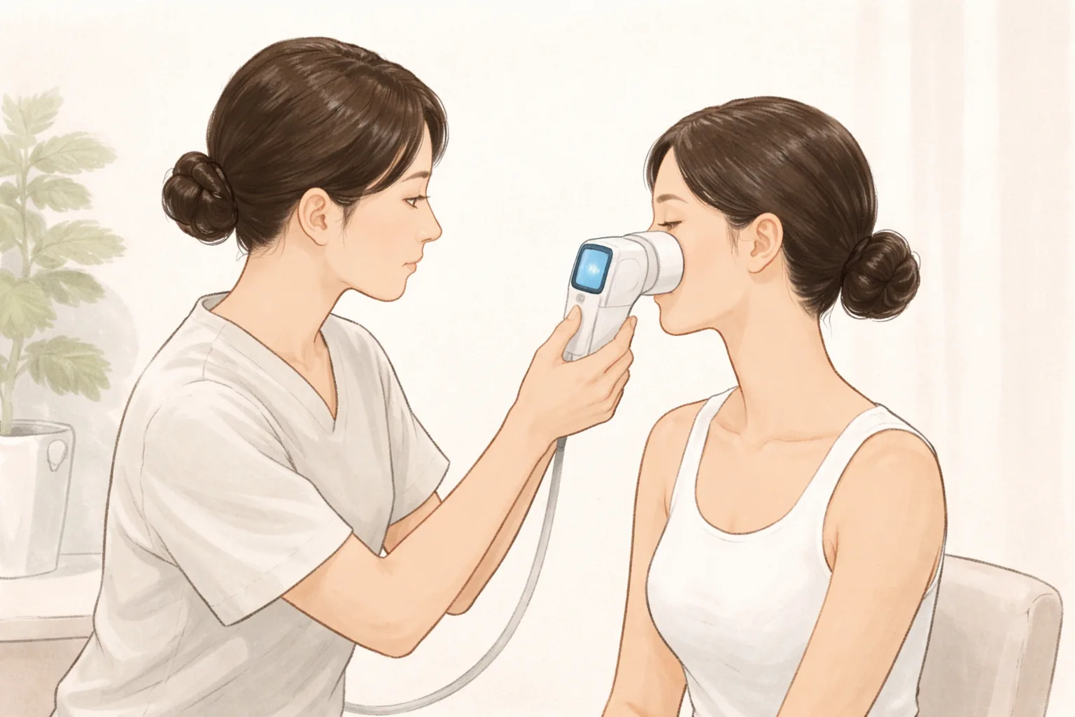 피부 분석 카메라를 들고 환자 코를 검사하는 의료진