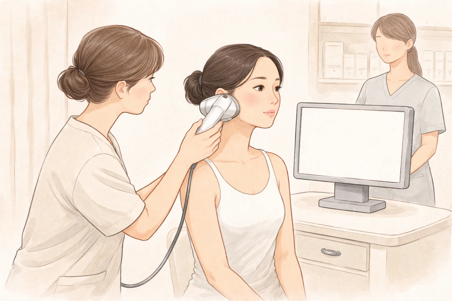 피부 분석 기기를 여성의 볼에 대고 있는 의료진과 그 옆에 서 있는 다른 의료진, 모니터가 있는 진료실 내부
