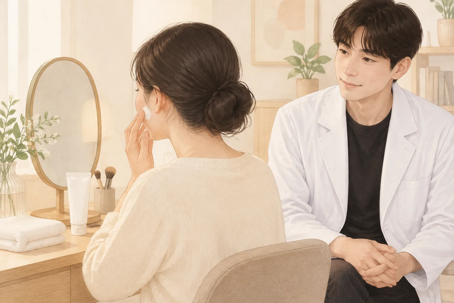 鏡の前で保湿クリームを指で塗る女性とその後ろに座る男性