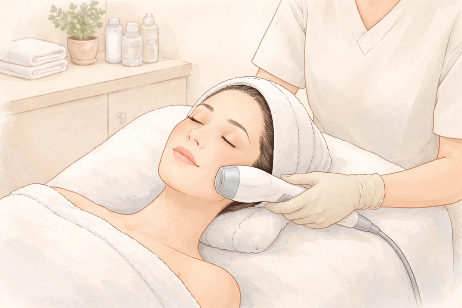Gloved hand holding a device to the cheek of a woman lying on a treatment bed