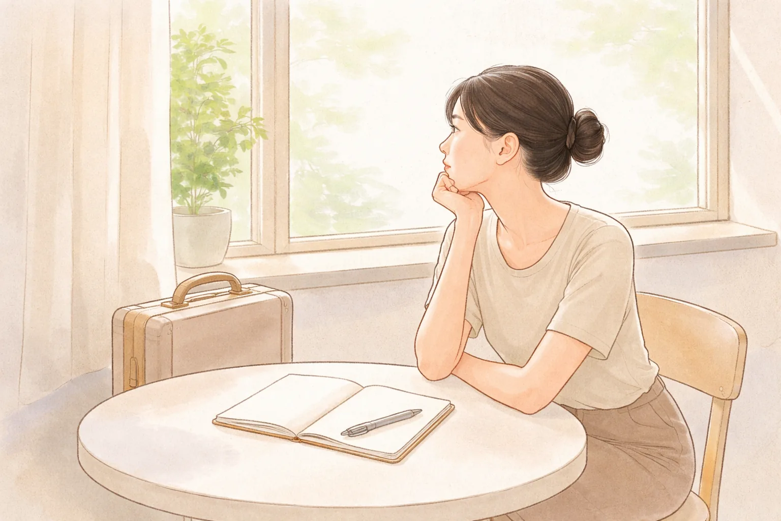 Woman sitting by a window at a desk looking outside, with a suitcase and plant nearby