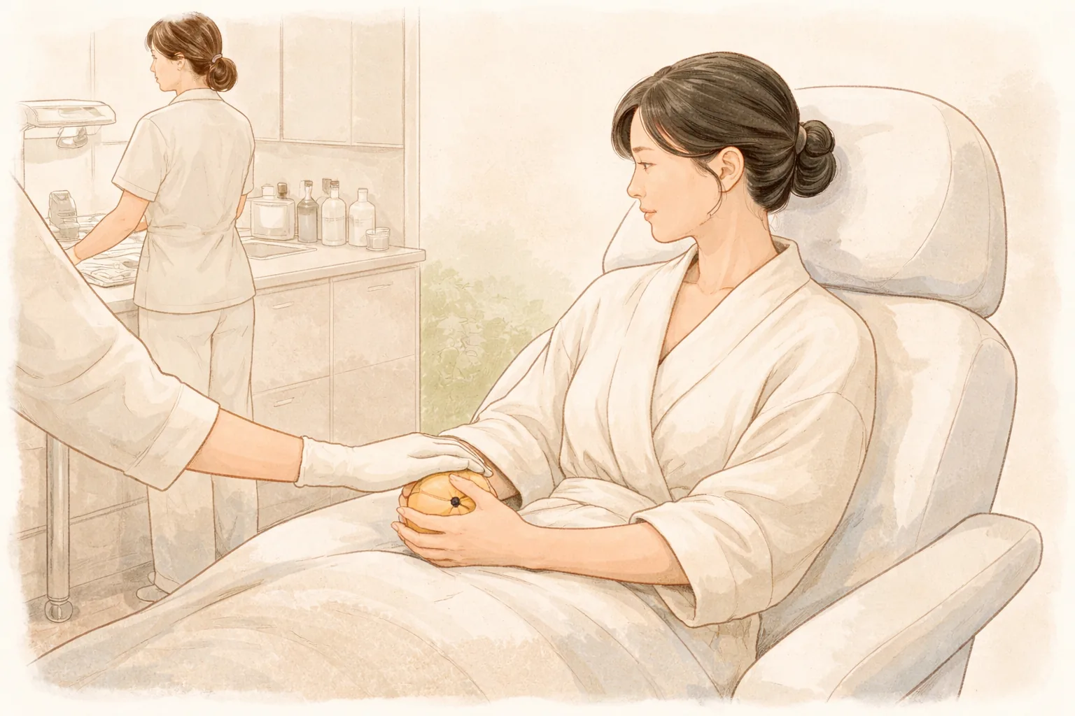 施術用の椅子に座ってストレスボールを握る女性と腕に手を置く医療スタッフ