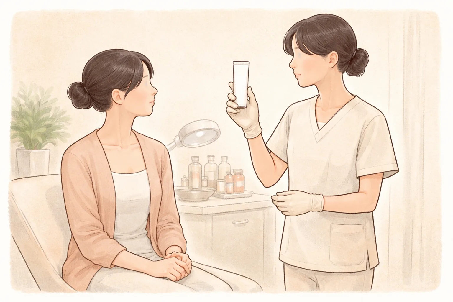 의료진이 흰 튜브를 들어 보이며 앉은 여성에게 설명하는 모습
