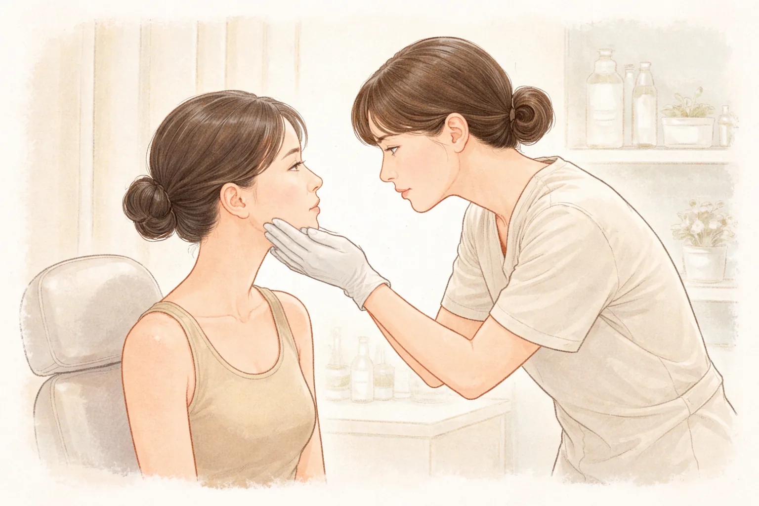 醫療人員輕托坐著的女性下巴查看臉部