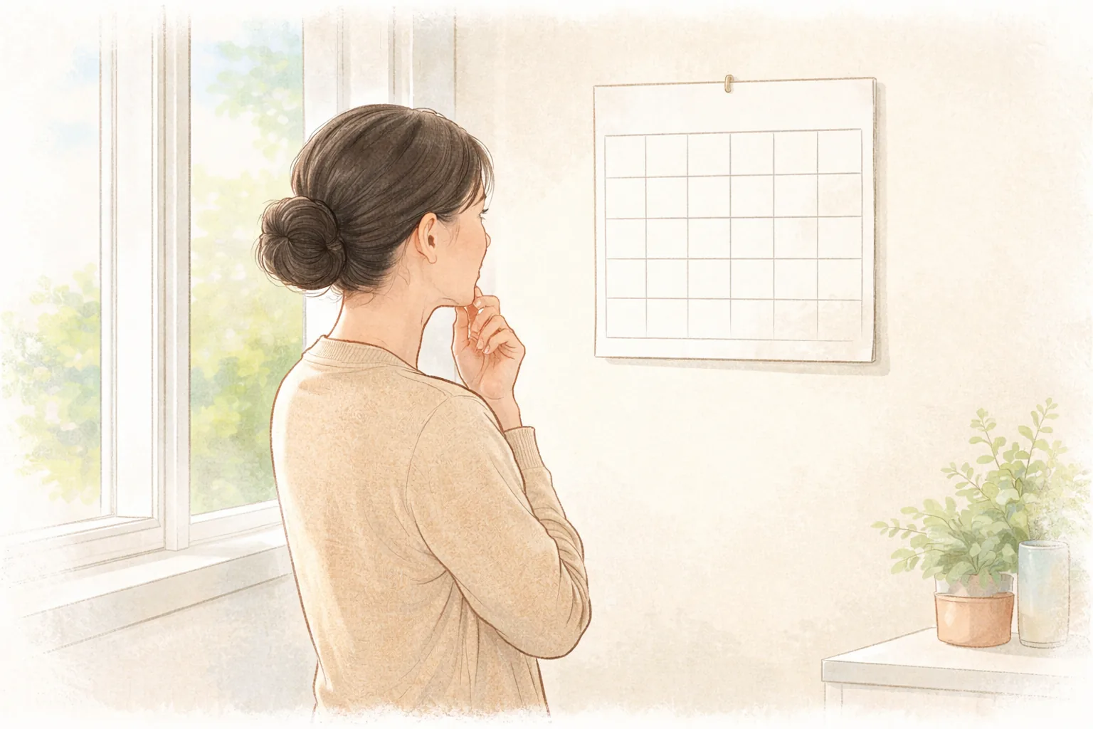 Mujer pensativa junto a la ventana mirando un calendario vacío, con una planta de interior