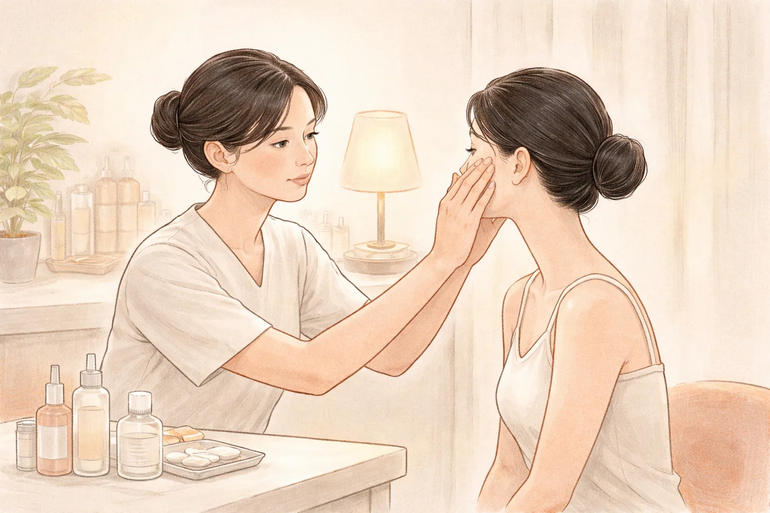 柔らかい照明の下、テーブルに座って女性の顔を診る医療スタッフと患者