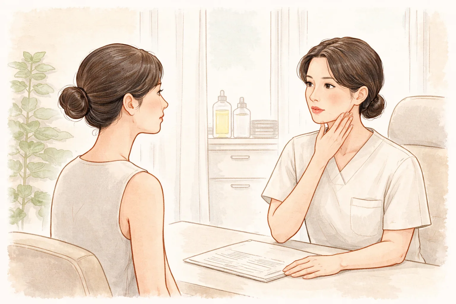 상담실에서 여성 의료진과 환자가 마주 앉아 대화하고 있다