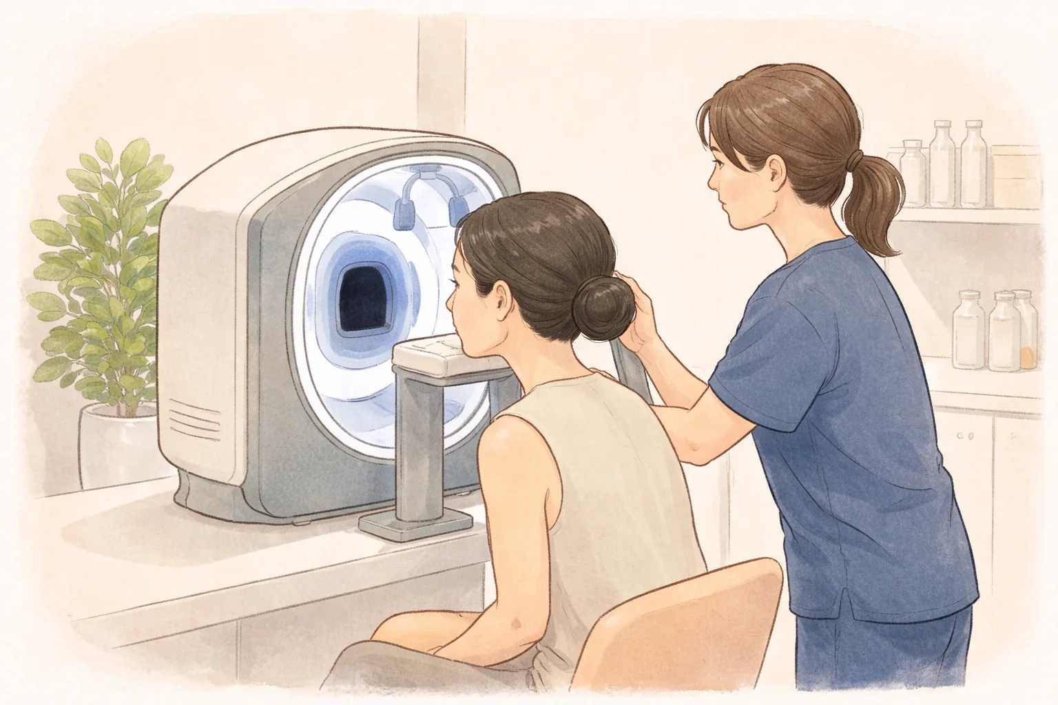 턱을 받치고 피부 분석 카메라 앞에 앉아 있는 여성과 카메라를 조절하는 의료진