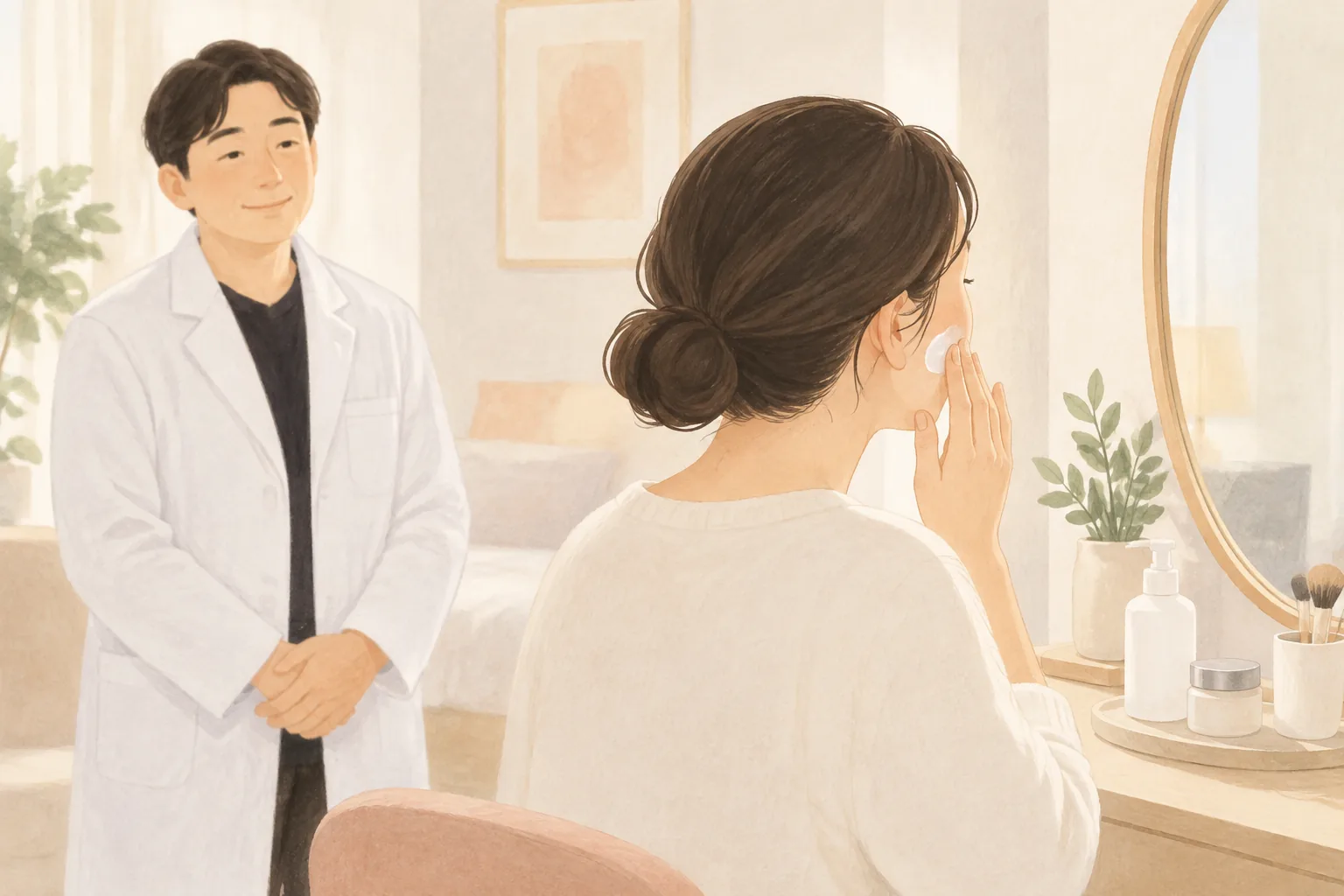امرأة تضع مرطّبًا على وجنتها أمام المرآة ورجل يقف خلفها