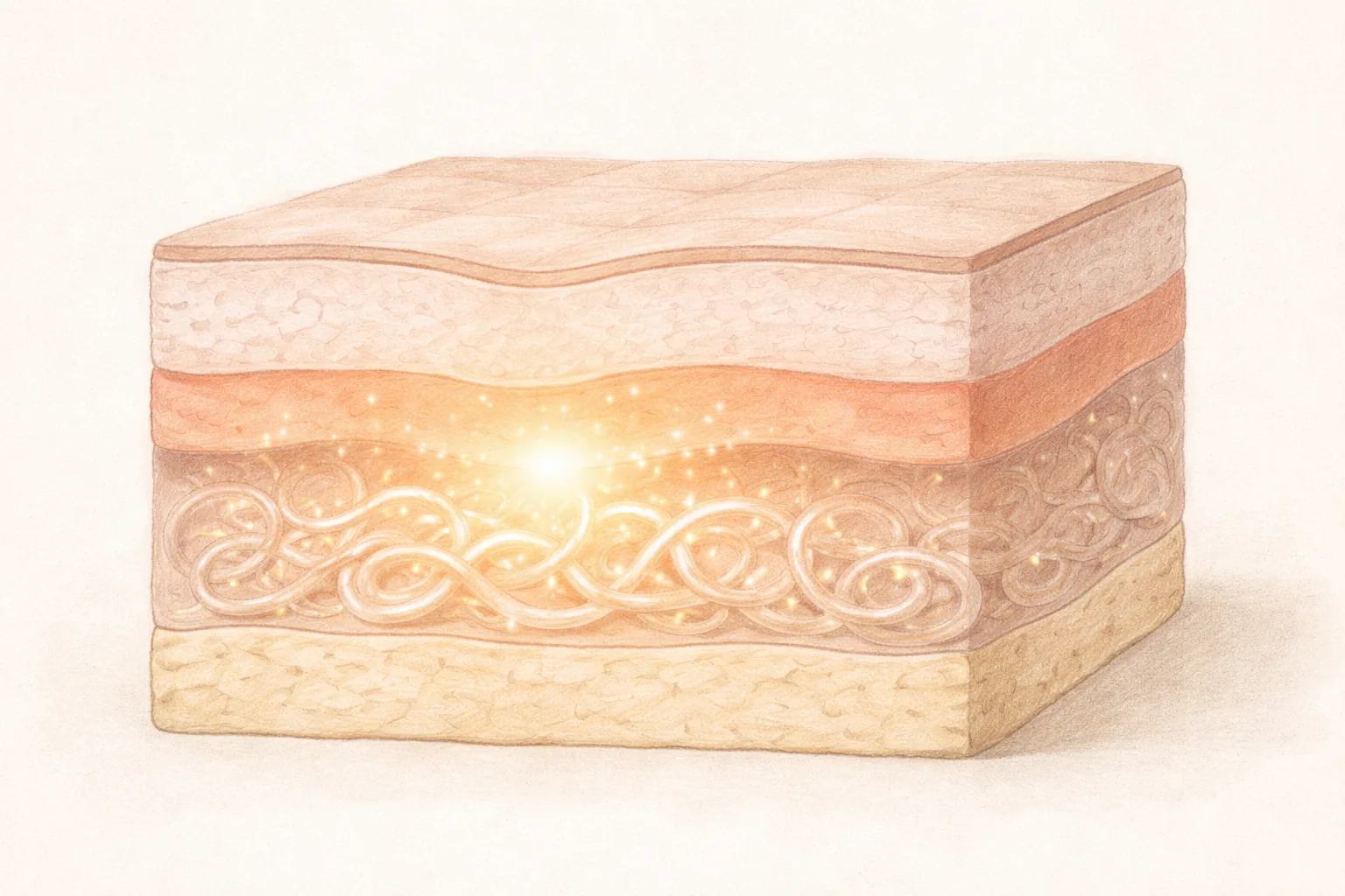 Cross-section of skin showing glowing heat stimulation and collagen fibers in deeper layers