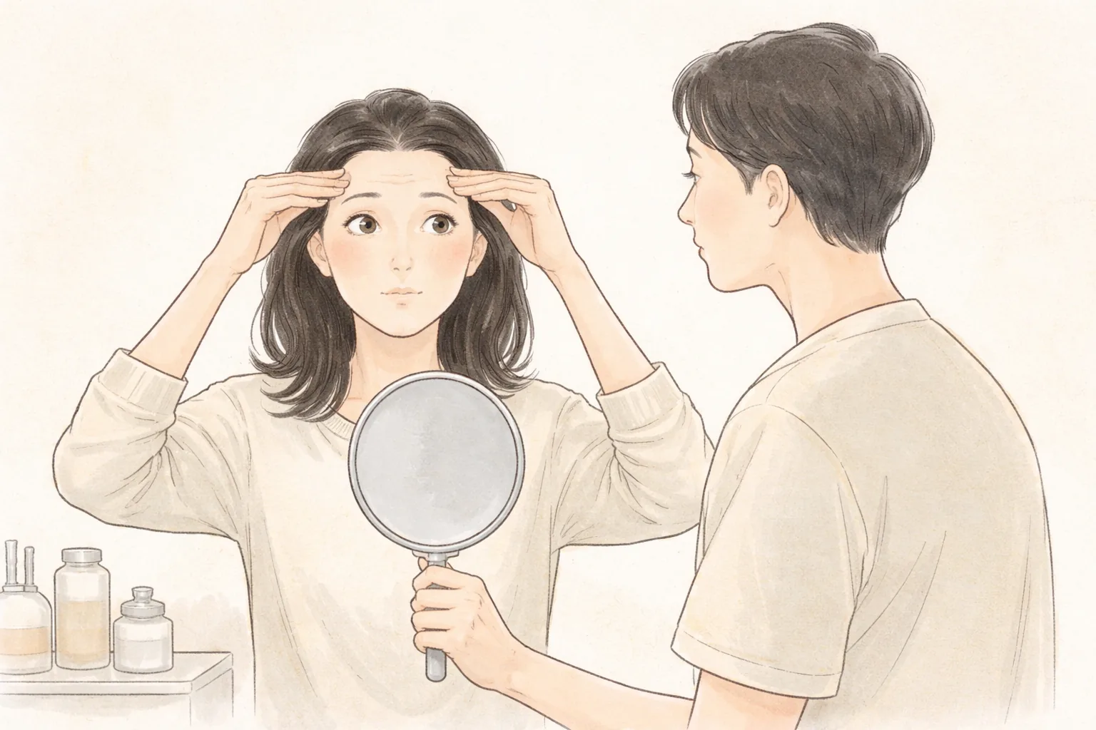 거울을 들고 이마를 올린 여성과 그녀의 얼굴을 관찰하는 남성 의료진