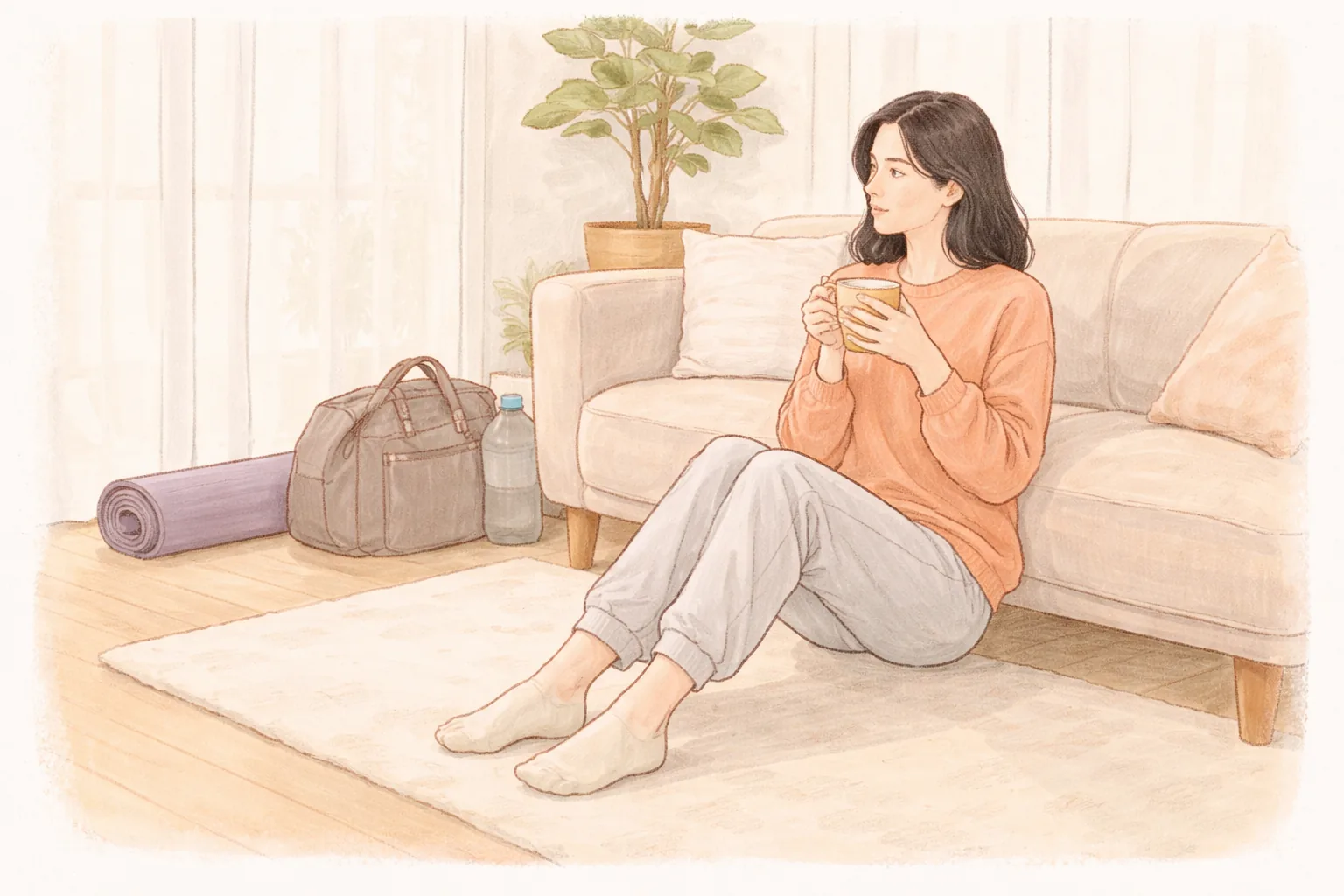 소파 옆에 앉아 컵을 들고 쉬고 있는 여성