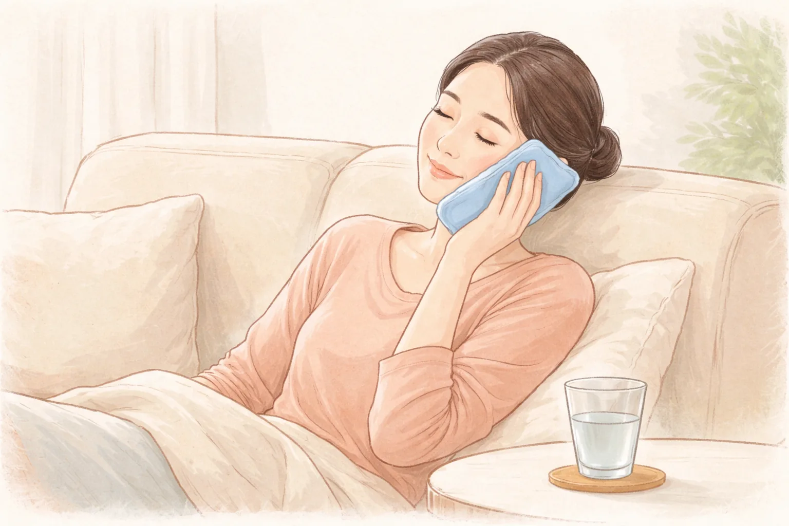 女性坐在沙發上,臉頰敷著冰涼凝膠面膜休息,旁邊桌上放著杯子