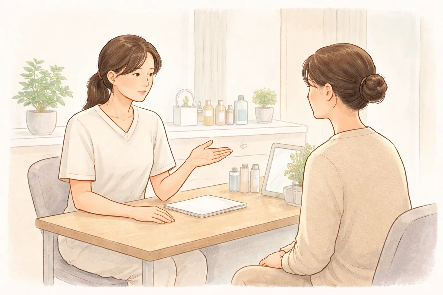 机を挟んで向かい合い身振りを交えて話す2人の女性と周囲の化粧品の瓶