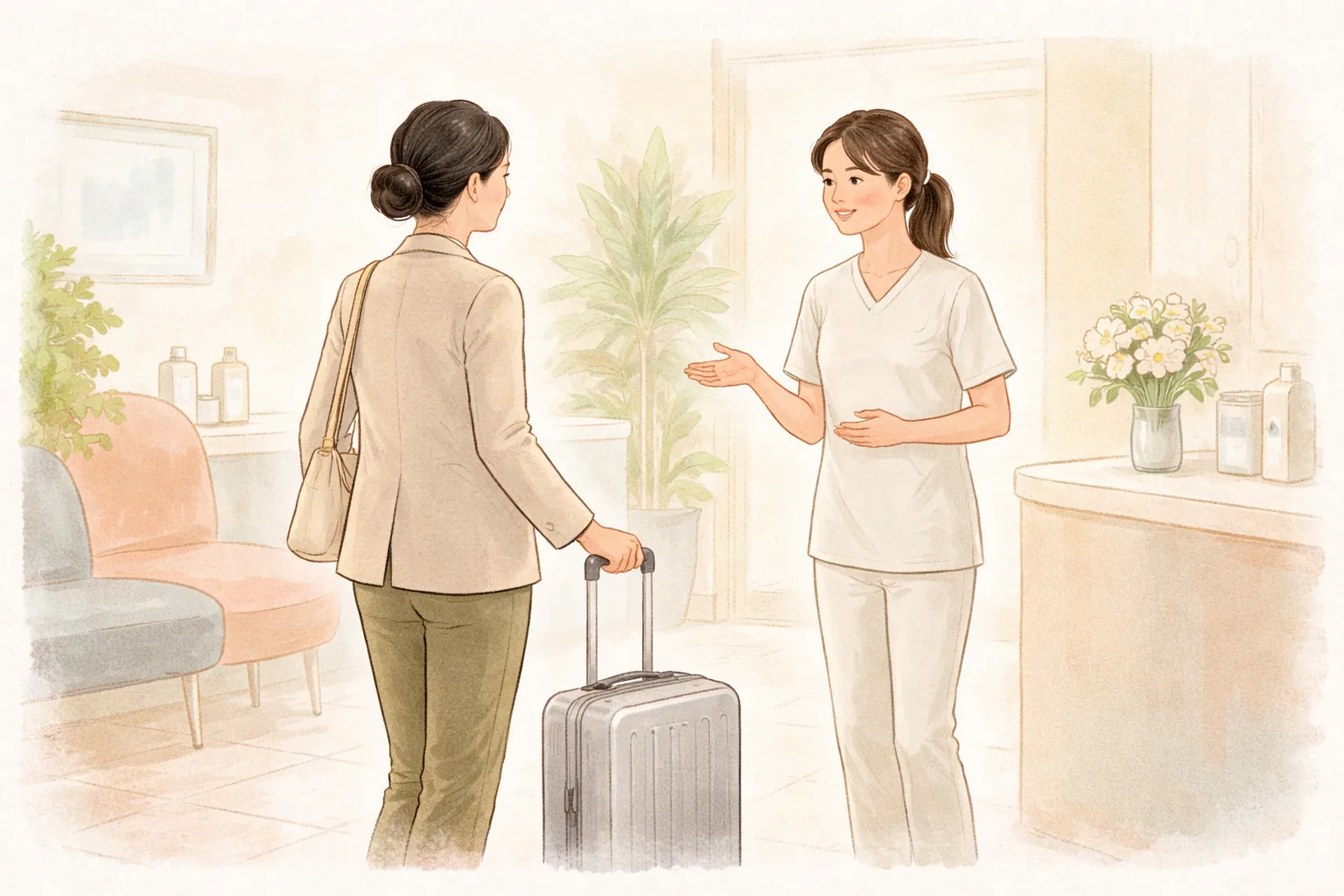 Wanita dengan koper dan tenaga medis wanita berbincang di dalam ruangan sambil berjabat tangan