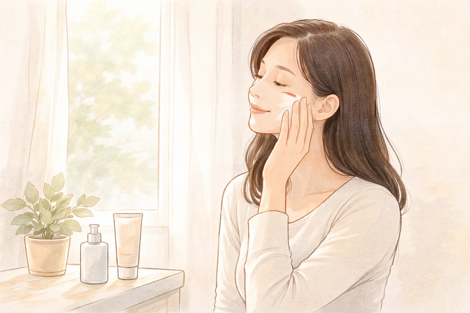 Mujer de cabello largo aplicándose protector solar en las mejillas junto a una ventana