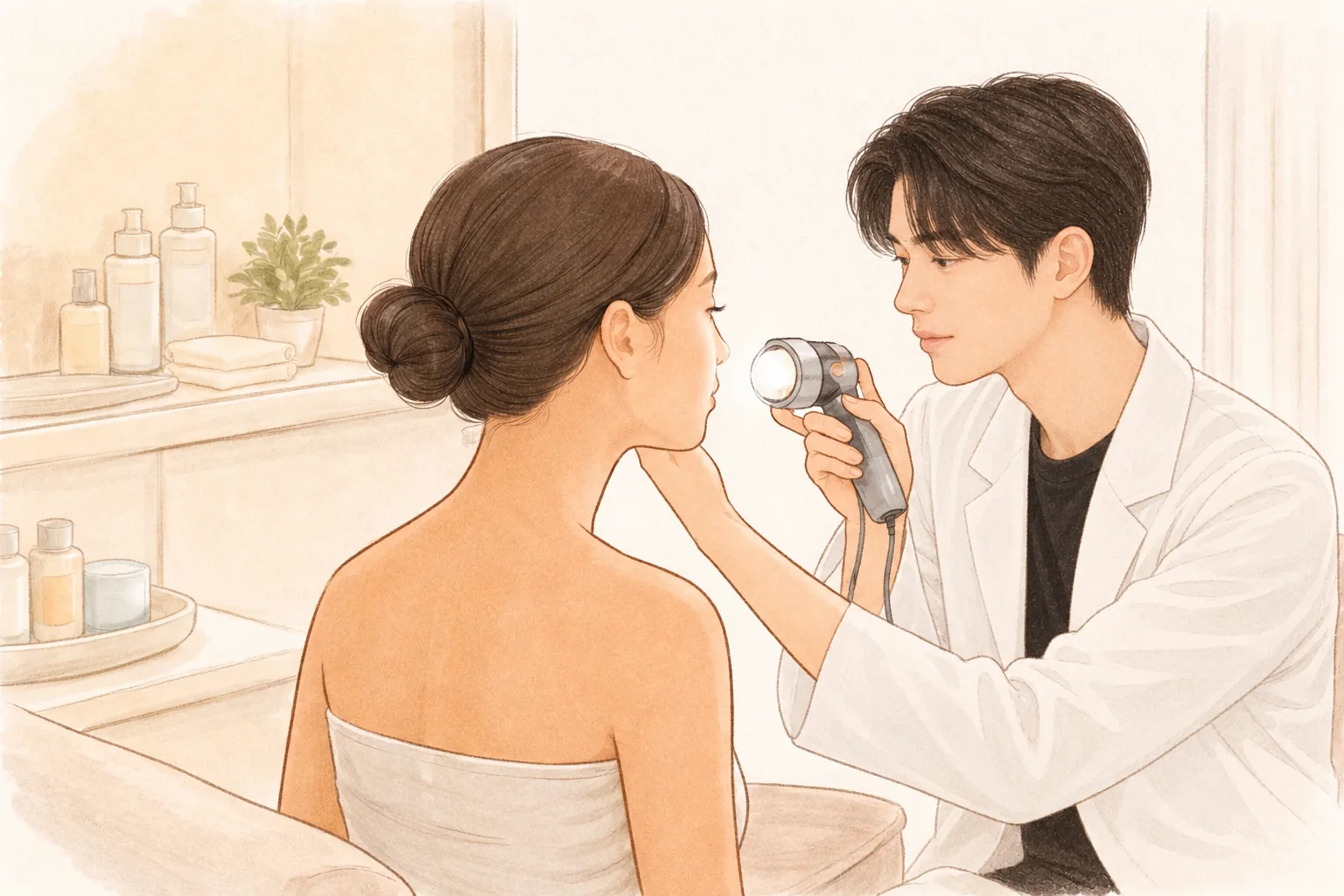 医療者が照明で女性の頬を診ており、女性の髪はまとめられている。