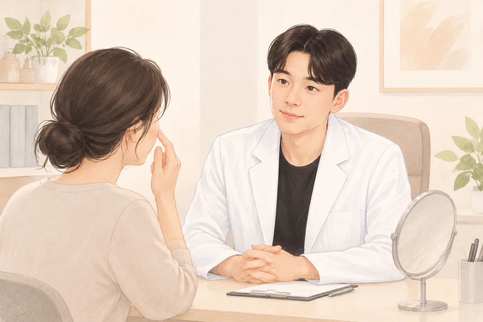 한 환자가 코 옆을 가리키며 의사와 상담하는 모습