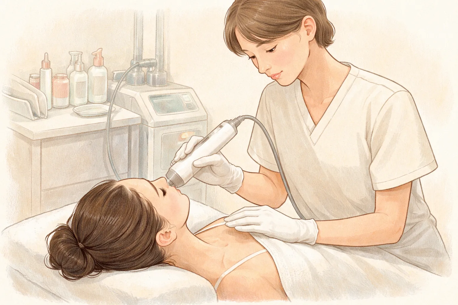 Patient lying down while a clinician in gloves holds a laser handpiece to her face