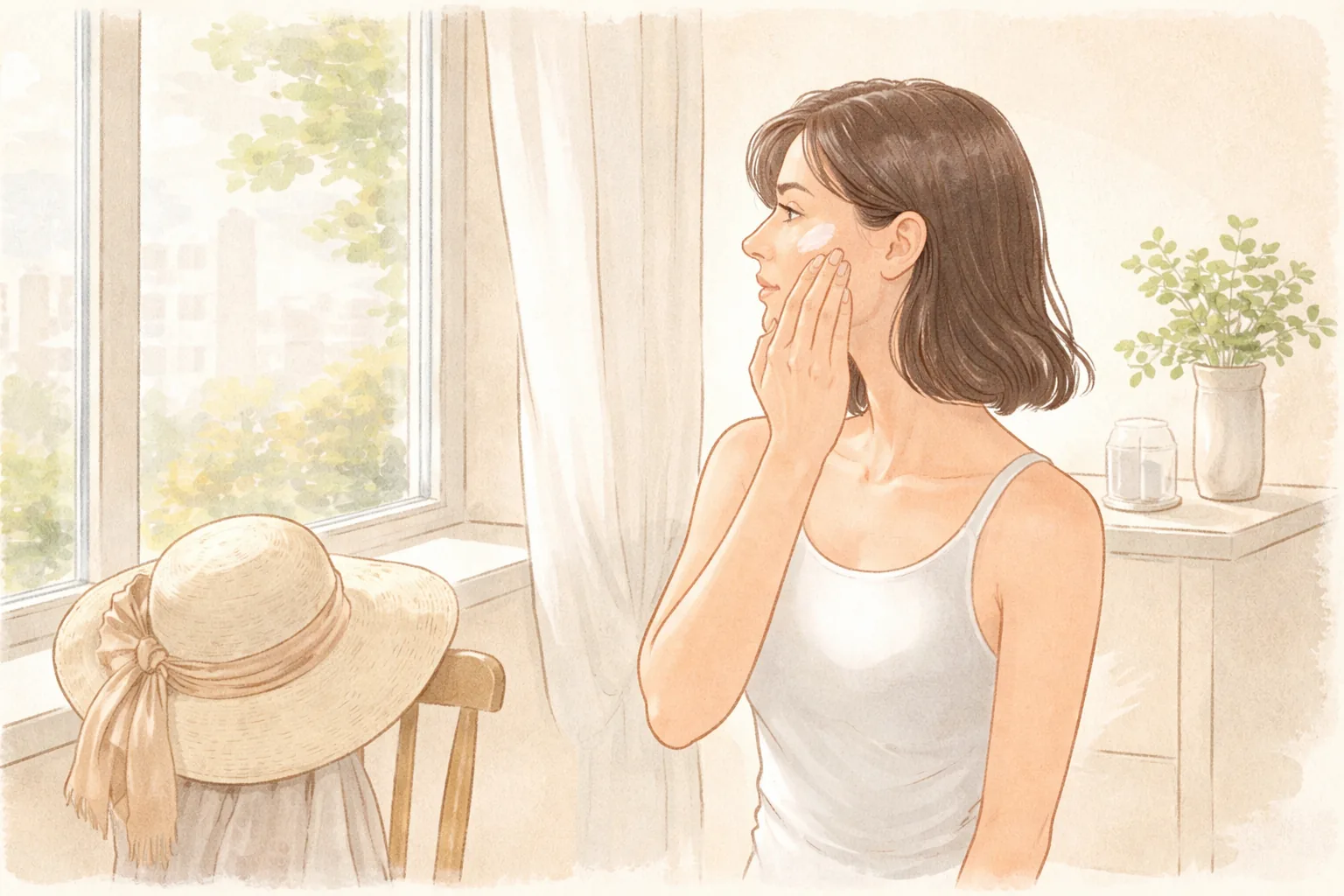 Woman in a white sleeveless top touching her cheek by a window